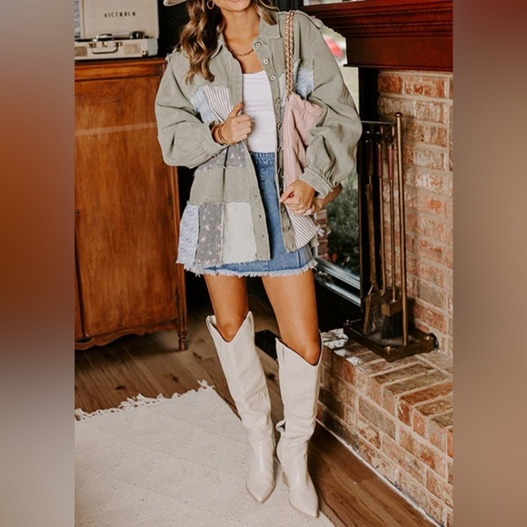 POL | NIP Sage 100% Cotton Color Block Mixed Print Raw Edges Patchwork Jacket M - Picture 4 of 9